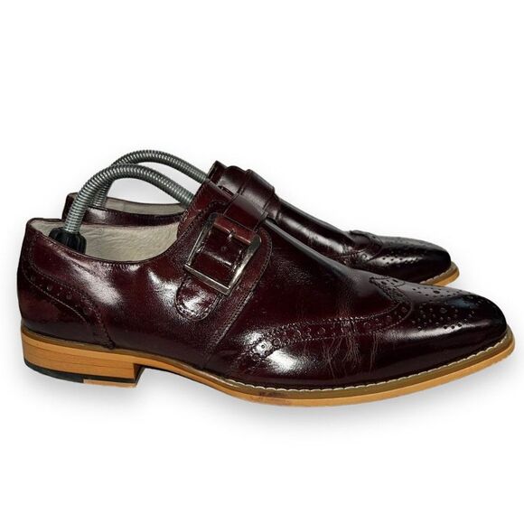 Giovanni Baron Monk Strap Wingtip Loafers Burgundy Leather Men's 9 - Picture 4 of 12